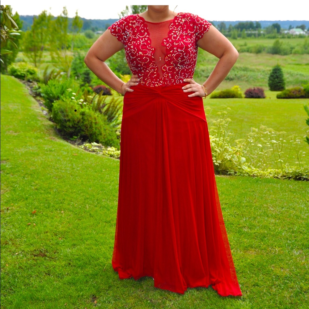 Full length formal red gown, large by Samila & Co.
